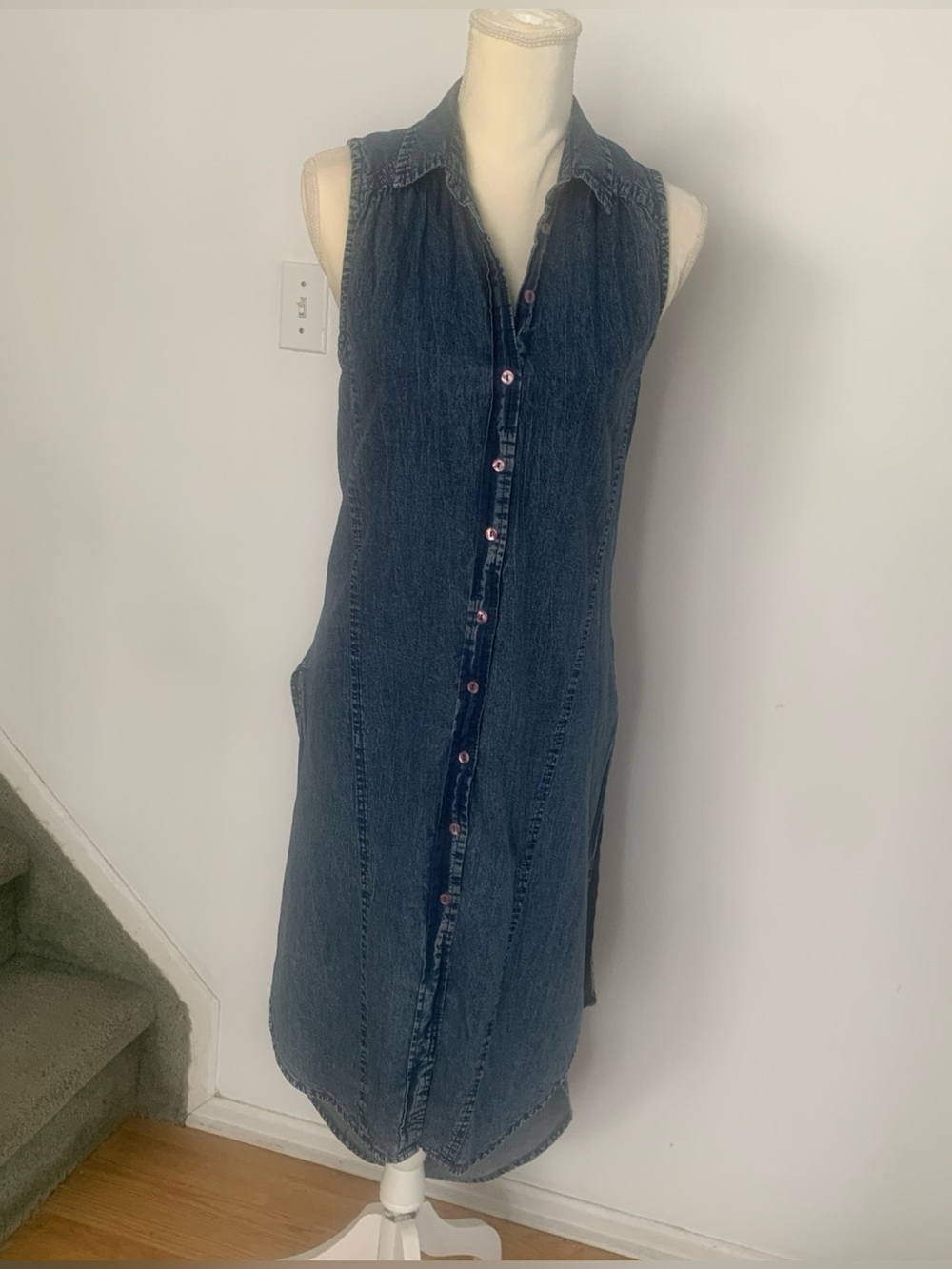 Sleeveless Denim Midi Shirtdress Princess Seams High Low Y2K Slit Pearl Button M